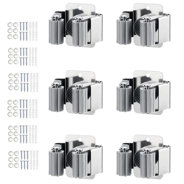 Stainless Steel Mop Holder Brush Broom Hanger Fixed Rack Kitchen Bathroom Garden Tool Organizer Wall Mounted with Screws Cup Holders 5