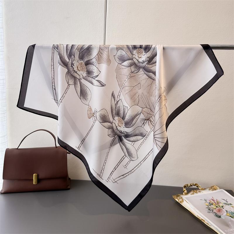 Fresh Lotus Print Shawl Square Scarf for Women Soft Satin Neckerchief Female Hair Bands Ribbon Headband Bandana