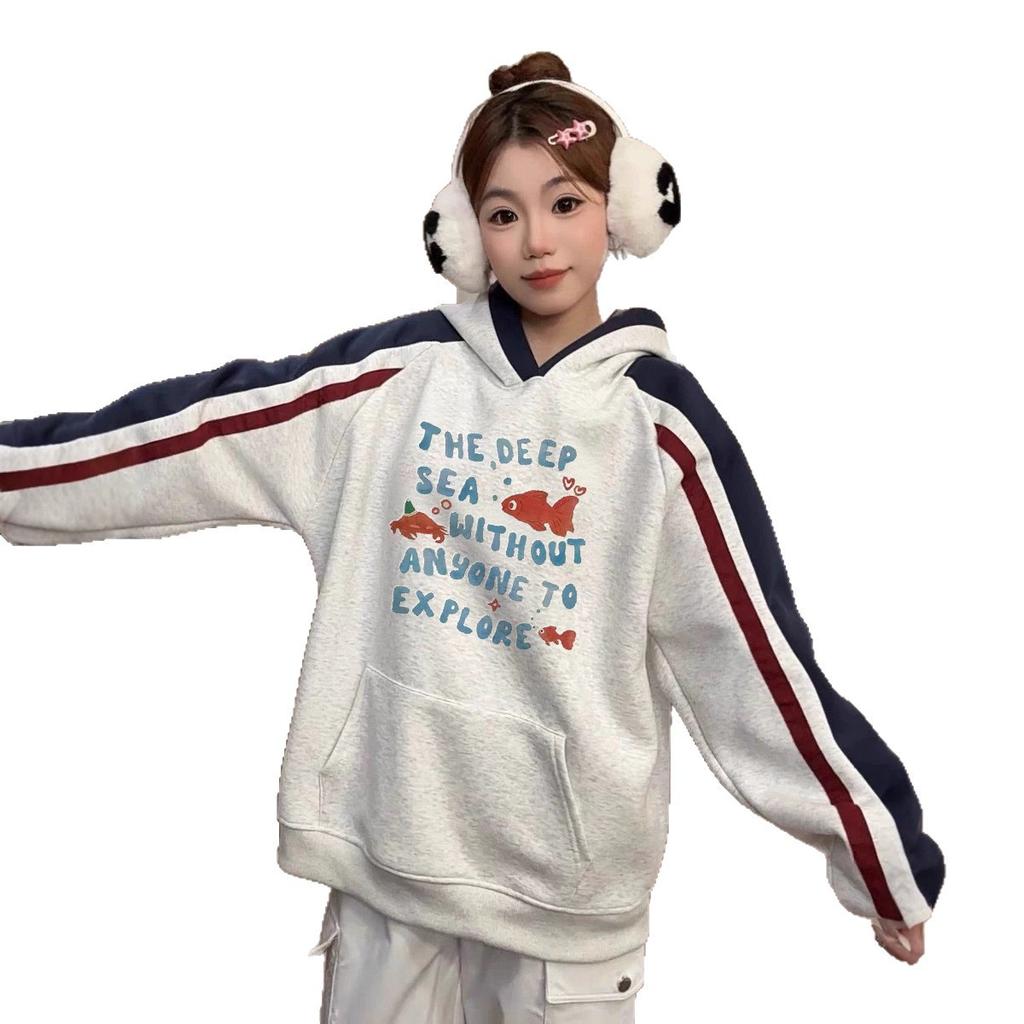 Американский ретро контрастный худи с золотыми рыбками для мужчин и женщин, новый осенне-зимний свободный парный топ