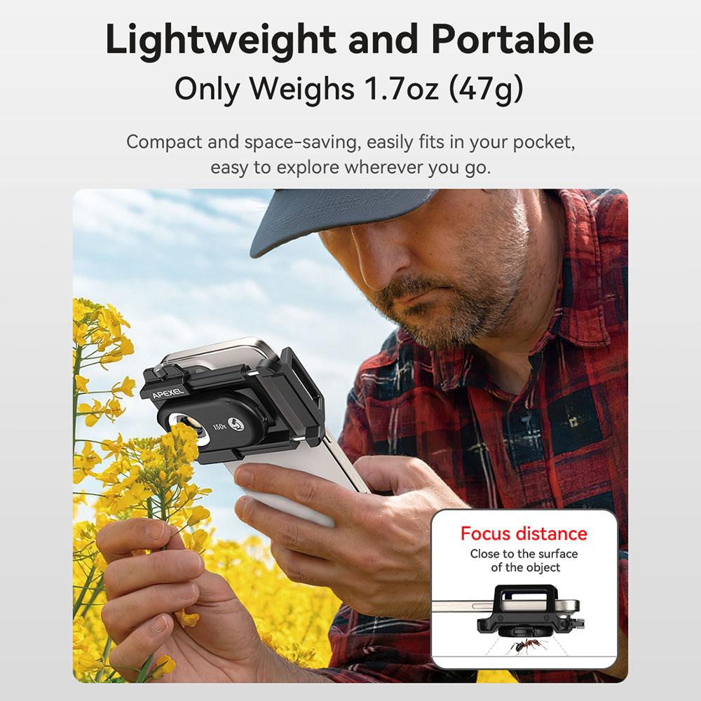 APEXEL APL-MS150 150X Mobile Phone Microscope Lens with LED/ UV Lights Built-in CPL Filter Battery