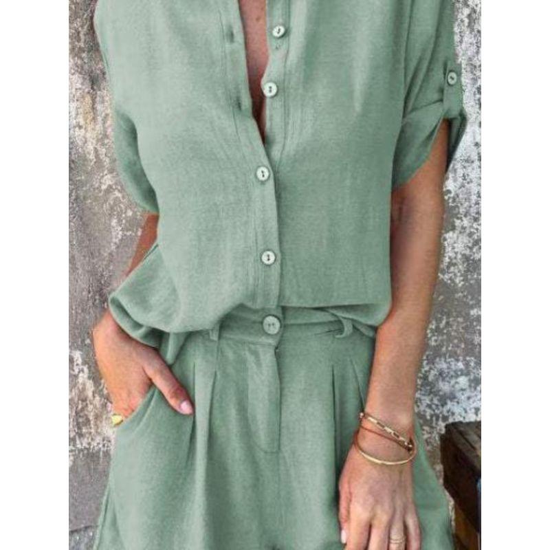 Collar Shirt Solid Color Shorts Set Lapel Shirt Pure Color Casual Shorts Suit