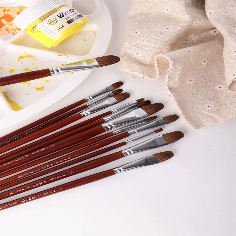 12Pcs/Set High-Grade Weasel Hair Oil Painting Brush Hazel Shap Row Pen Long Birch Rod Acrylic Drawing Art Supplies Artist Supply