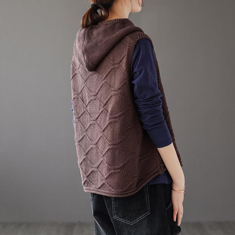 Ladies' Hooded Retro Knit Vest - 2024 Spring/Autumn Waistcoat Layered Top