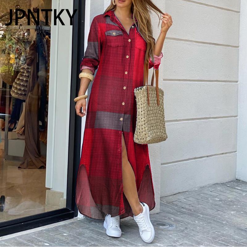 JPNTKY Stylish Women's Loose Long Shirt Dress with Collar and Long Sleeves