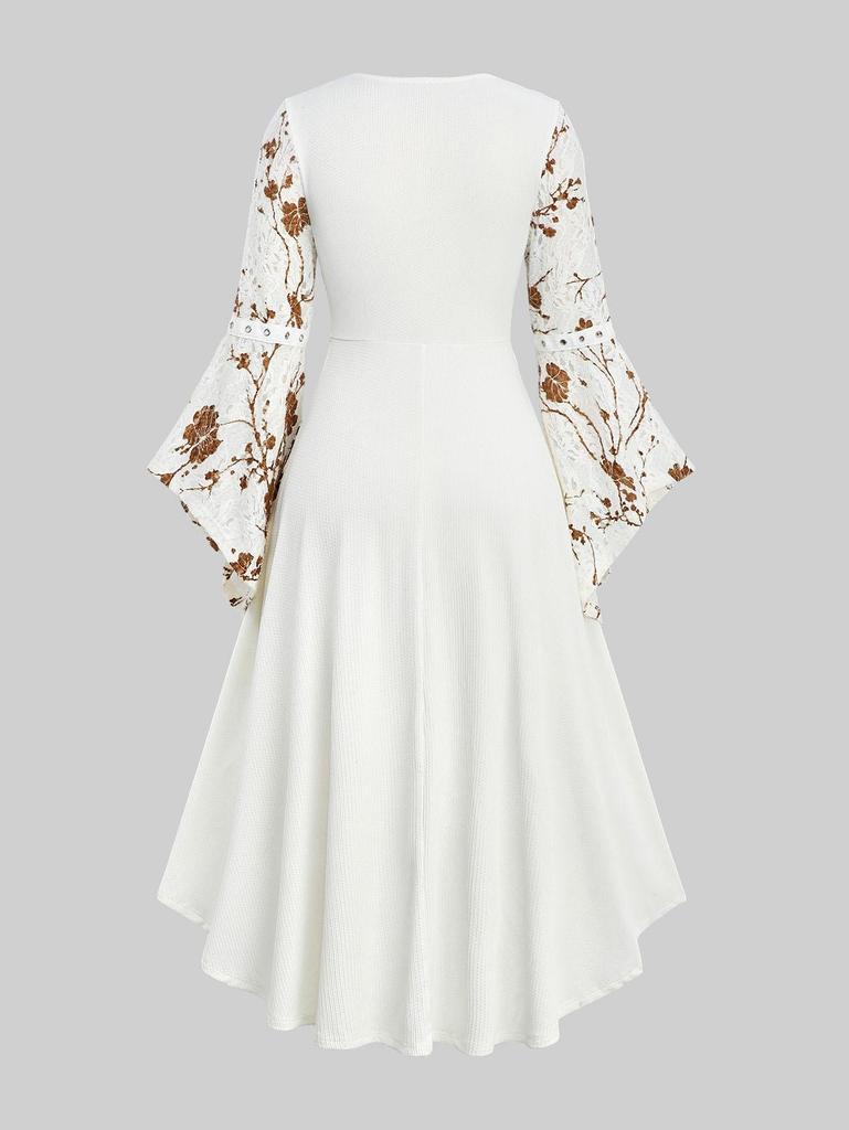 Rosegal Большой размер Платье с цветочным принтом, кружевом, сборками, пряжкой, шнуровкой, рукавами-клеш, с высоким-низким подолом