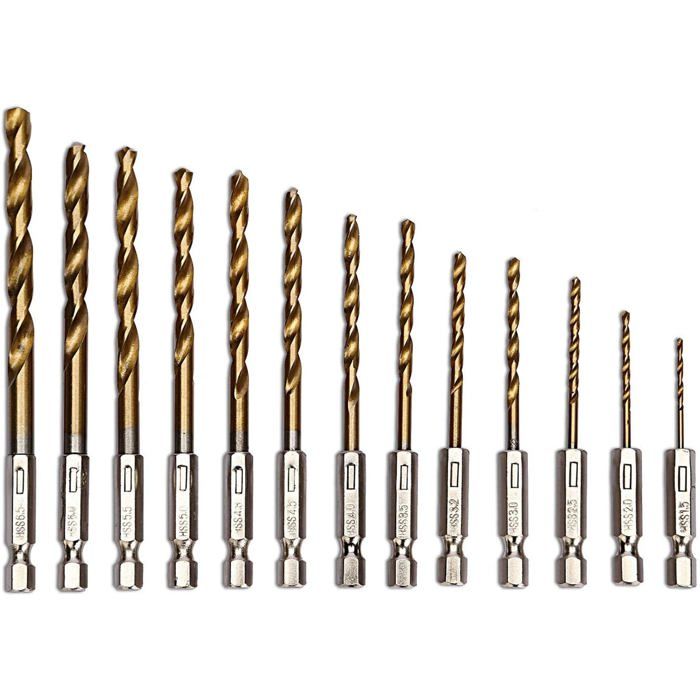 Coffret 13 forets hélicoïdaux - AIMOONSA - HSS 1,5–6,5 mm - TiN - Tige hex. 6,35 mm - Pointe 45°