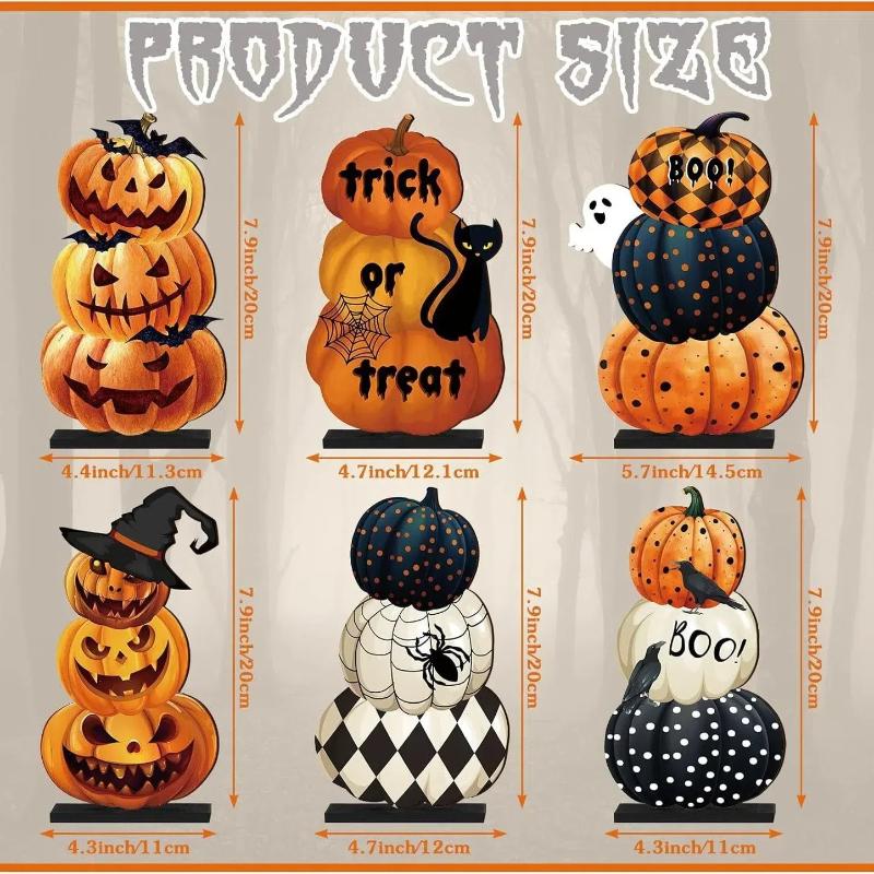 6pcs Halloween Pumpkin Wooden Ornaments Set with Bases Pumpkins for Tabletop Display & Enchanting Party Scene Decoration