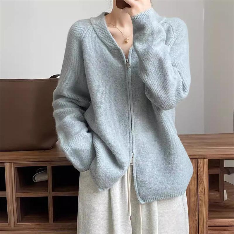Двойная молния вязаный свитер кардиган женский осень и зима новый корейский ленивый стиль женский свитер прилив