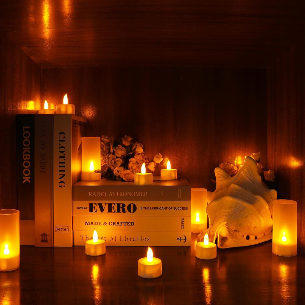 Esup Rechargeable Candles Flameless Flickering Candles Tealights | 12pcs/Set with White Base, Decoration Parties, Weddings, Bar, Family, Dinner