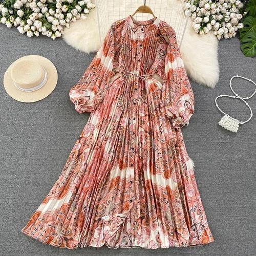 Платья Temperament Lantern Длинные рукава Круглый вырез Тонкий однобортный принтованное платье Элегантные винтажные шикарные женские платья
