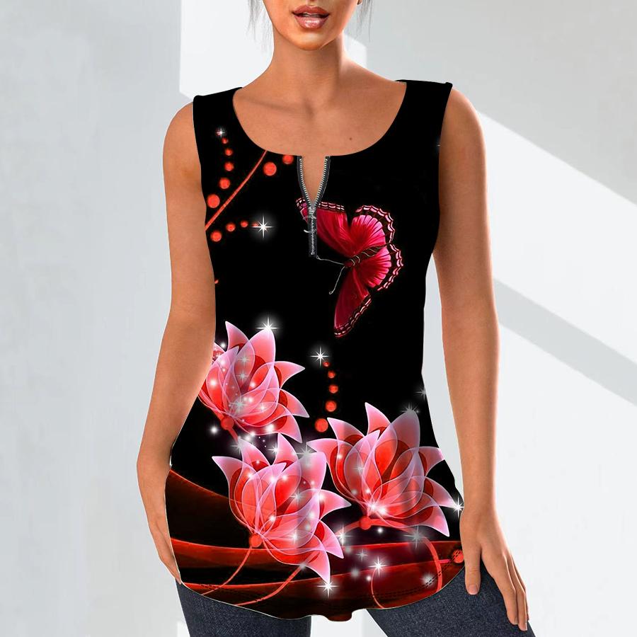 Women's Fashion V Neck Shirts Casual Tops T-shirt Ladies 3D Blue Flowers Print Vest Plus Size Sleeveless Blouse Tank Tops