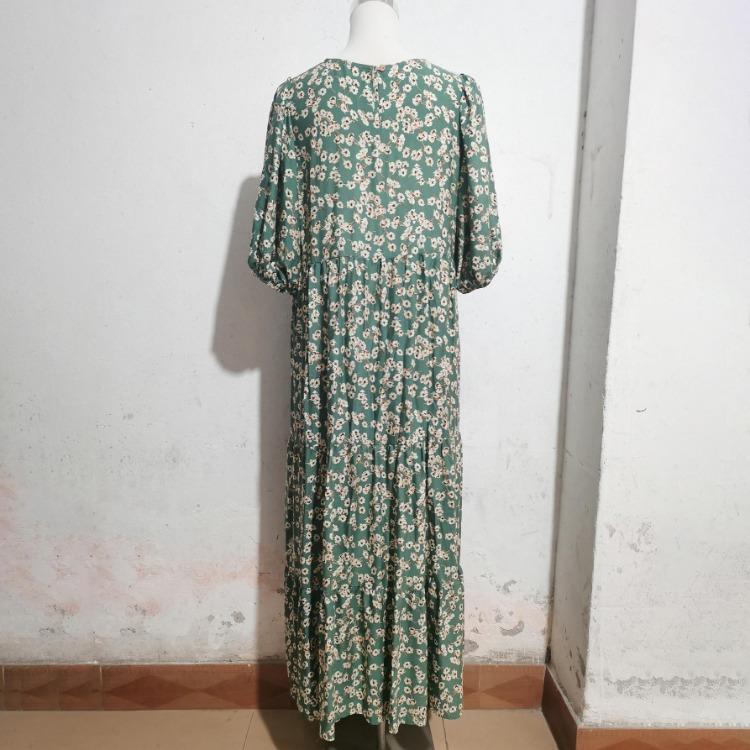 Women Summer Casual Floral Print O Neck Dress High Waist Loose Large Size Ankle Length Middle Long Sleeve Spring Dress