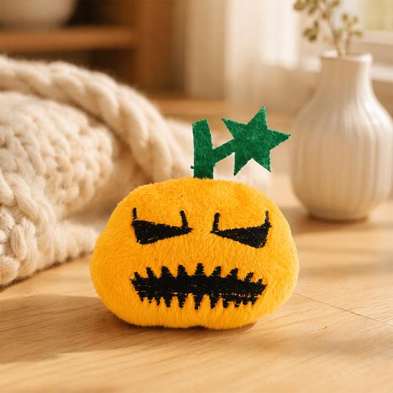 Self-entertainment Cat Toy Halloween Pumpkin Toy, Squeaky Stuffed Chew Interactive Soft Plush with Feathers for Indoor Cats
