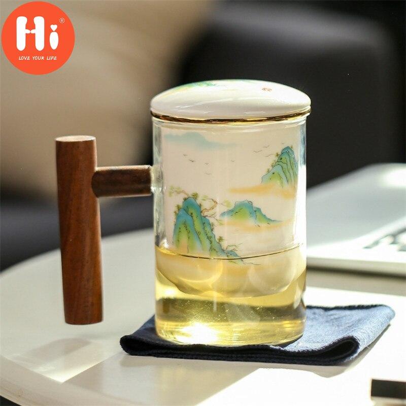 Креативная стеклянная чашка для разделения чая, керамическая чашка с фильтром, крышкой и деревянной ручкой, большая емкость, офисная кофейная кружка, посуда для напитков