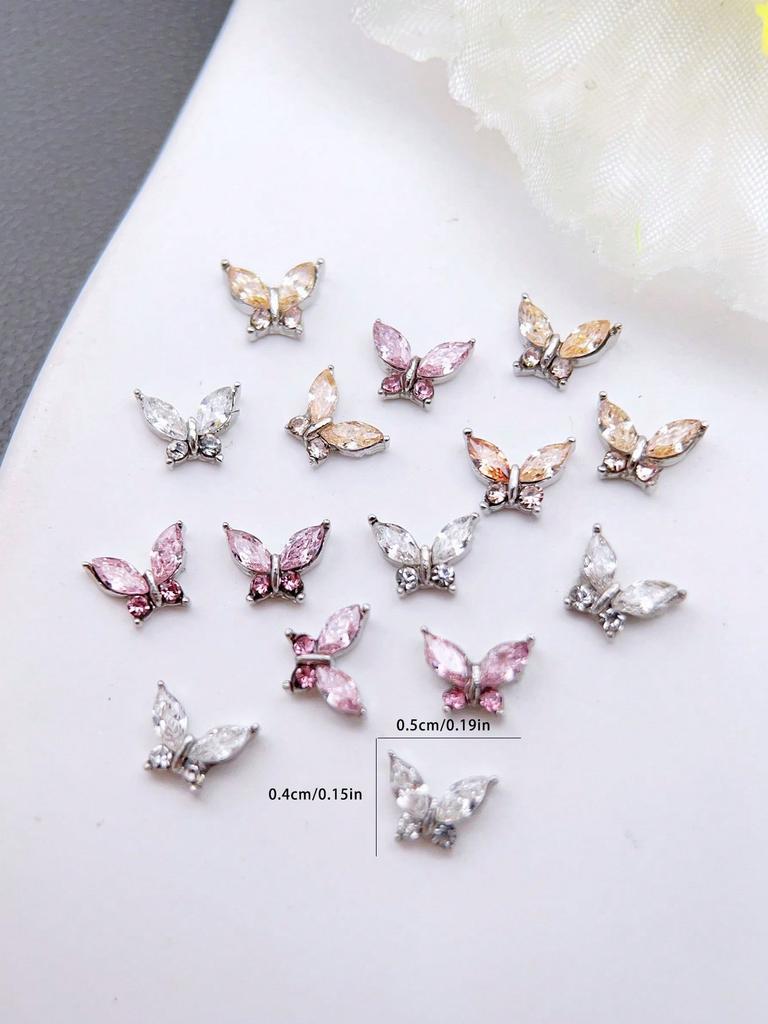 10pcs Mini Metal Rhinestone Butterfly Nail Art Jewelry 3D Pink Champagne White Diamond Nail Jewelry