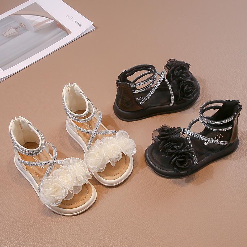 Сандалии принцессы для девочек с цветами, летняя мода, детская обувь со стразами, мягкая подошва, гладиаторские сандалии для больших детей