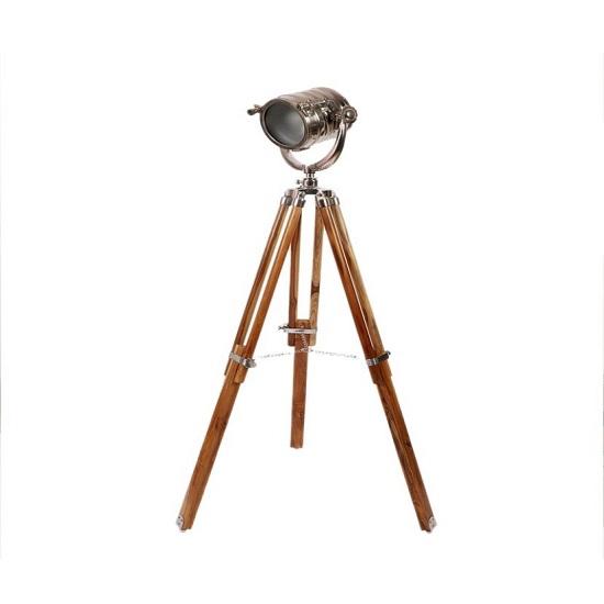 Торшер на штативе с серебряным алюминиевым металлическим абажуром и основанием из дерева и алюминия,