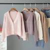 Fashionable V-neck Pink Elegant Ladies Sweater Jacket, Loose Casual Ladies Short Knitted Cardigan6099#