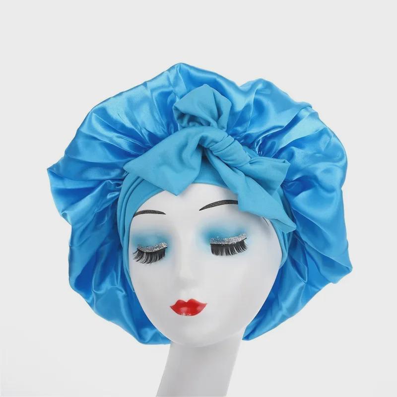 High Elastic Satin Nightcap with Wide Brim & Bow for Salon Hair Care