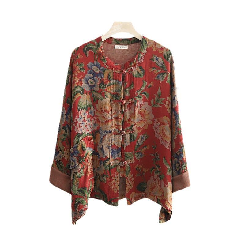 Женские повседневные топы с принтом в стиле ретро, весенние хлопковые и льняные куртки, женское винтажное пальто со стойкой на пуговицах