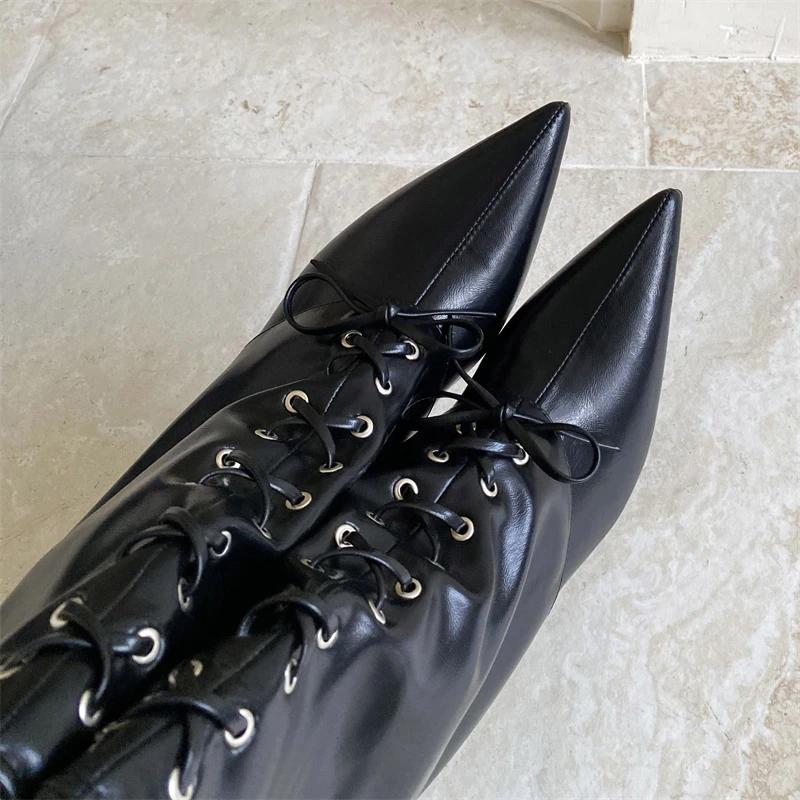 Eilyken Street Style  Cosy Soft PU Leather Cross Tied Ankle Boots Woman Sexy Thin Heels Stripper Shoes  De Mujer