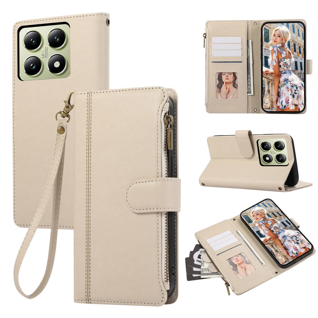 For Xiaomi 14T Case Multi Card Slots Zipper Leather Phone Cover with Wrist Strap