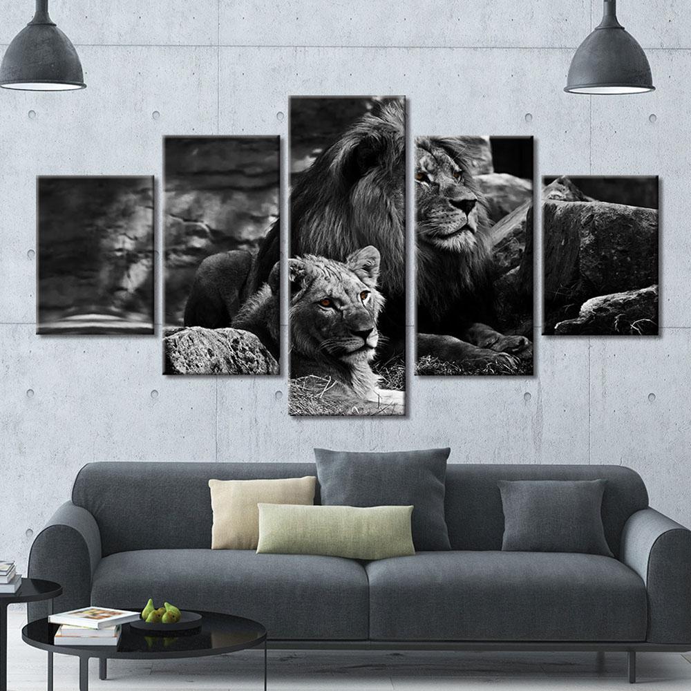 5 Pieces Wall Art Canvas Animal Poster Black Background Lion Painting Living Room Picture Print Bedroom Mural Home Decoration