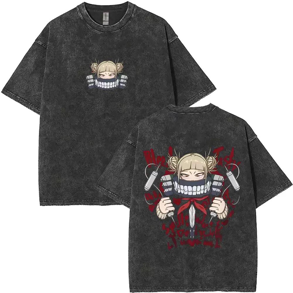 Oversized Washed Black Short-Sleeve T-Shirt Featuring My Hero Academia Ochaco Uraraka Dual-Sided Graphic Print For Anime Fans