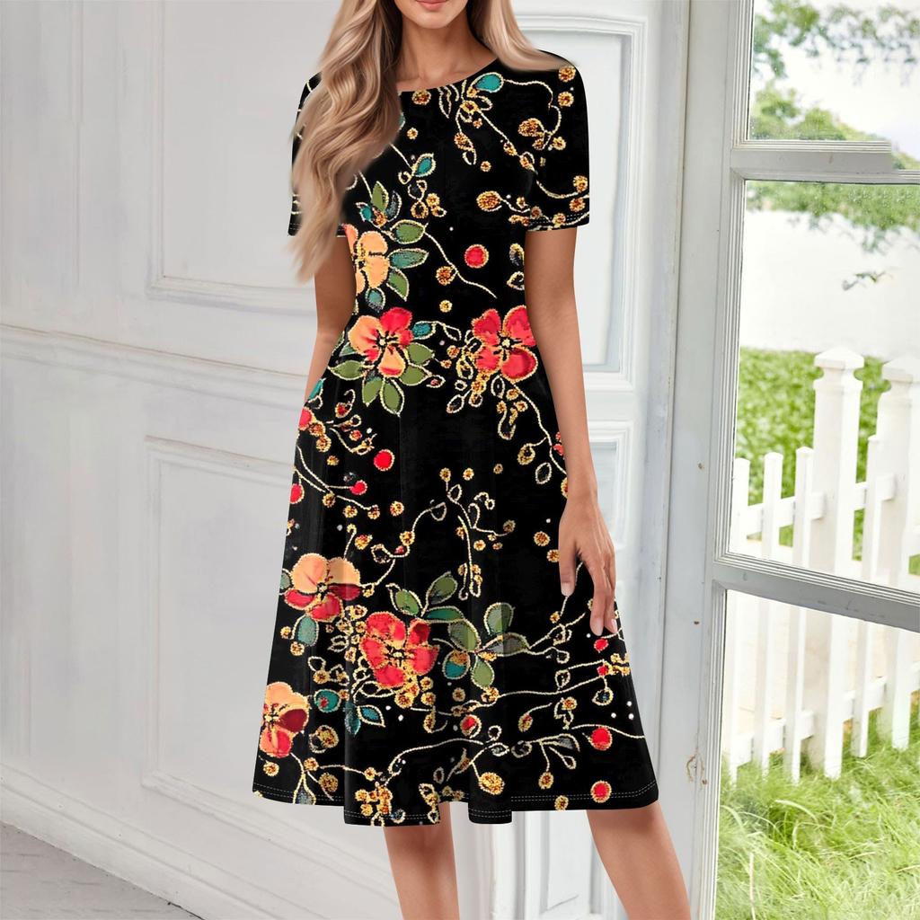 Женское свободное повседневное и модное платье с круглым вырезом и короткими рукавами, средней длины с принтом