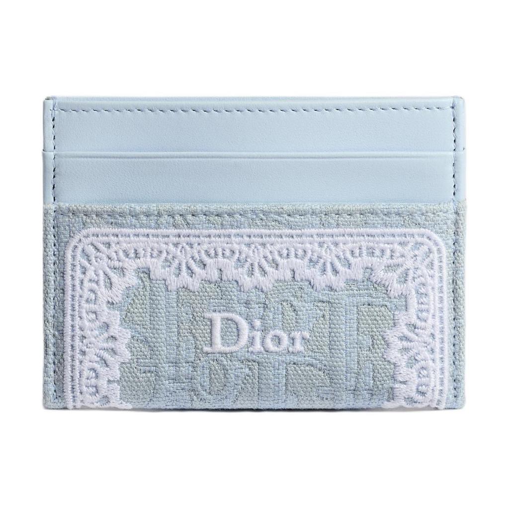 Dior Oblique Freesia Letter Embroidery White Lace Detail Cotton Blend Calfskin Card Holder Women accessories Light-Blue S2400PUKL-M259