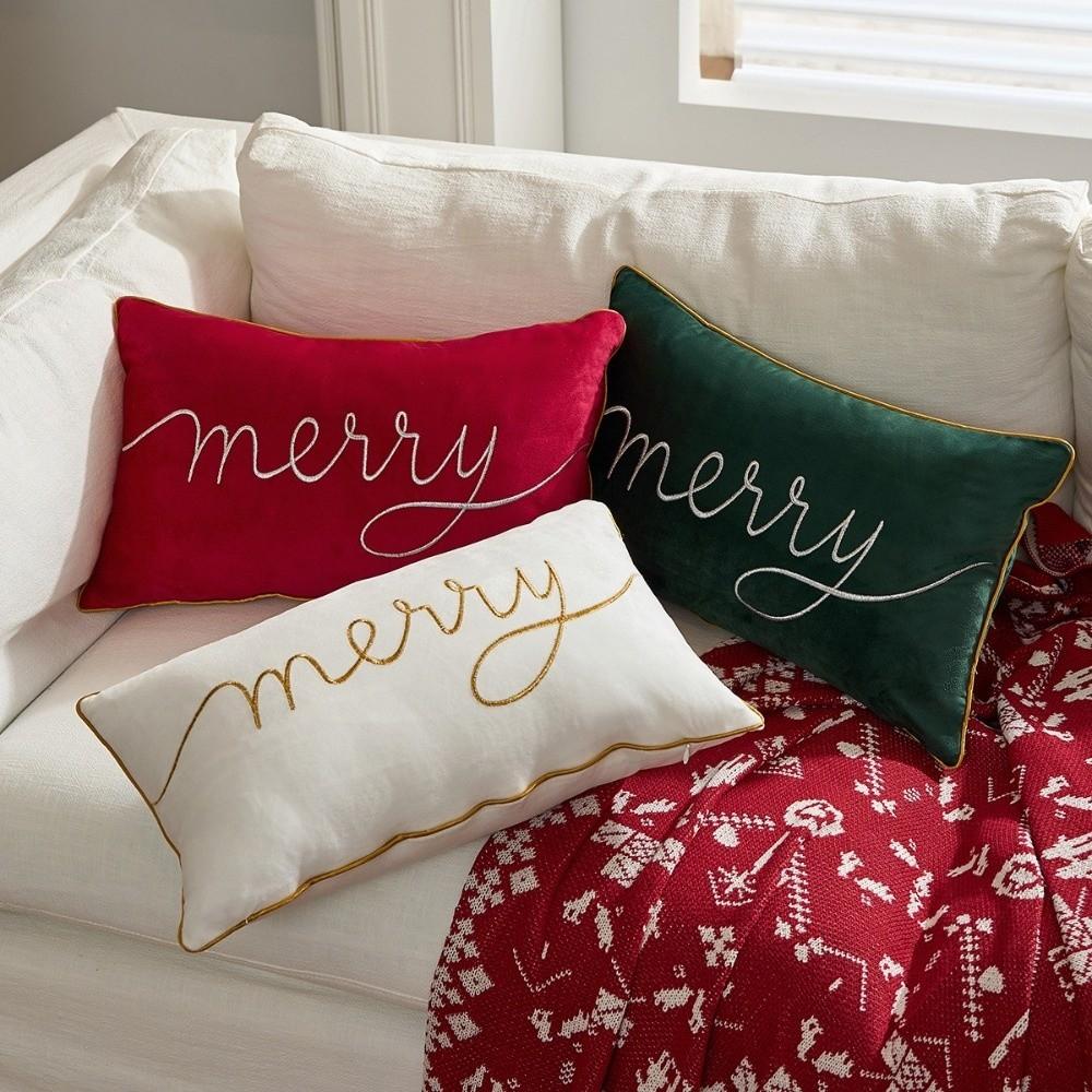 Merry Christmas Embroidered Pillow Cover Simple Cushion Case Cozy Throw Pillowcase For Home Decor