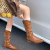 Autumn Winter Vintage Women Western Cowboy Boots Fashion Slip On Thick Heel Shoes Embroidery Knight Botas
