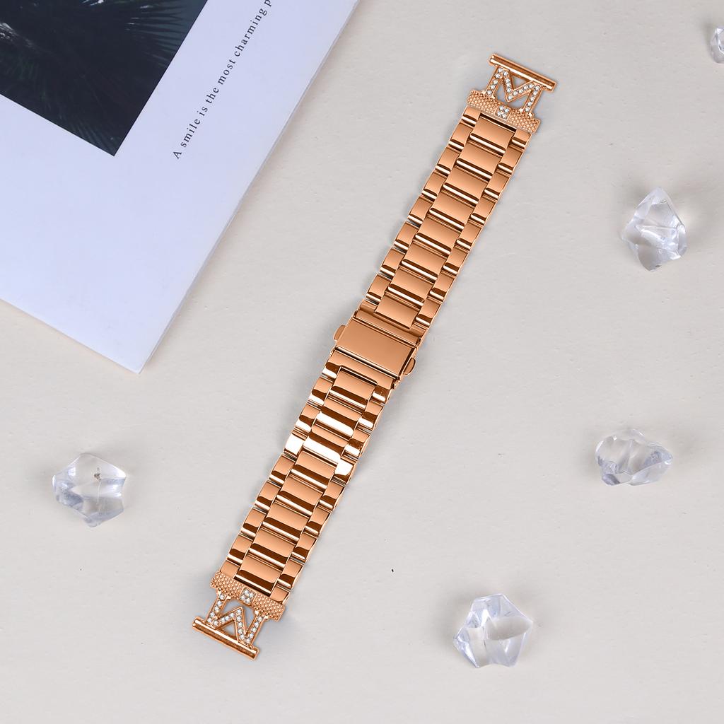 For Huawei Watch GT 2 42mm Replacement Strap M-Type Rhinestones Decor Stainless Steel 3-Bead Watch Band