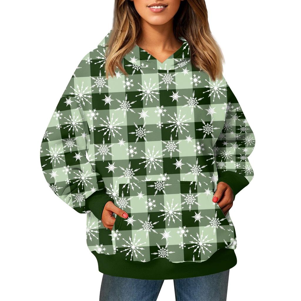Ladies' Fashionable Long Sleeved Pullover With Christmas Print Hooded Pocket Sweatshirt
