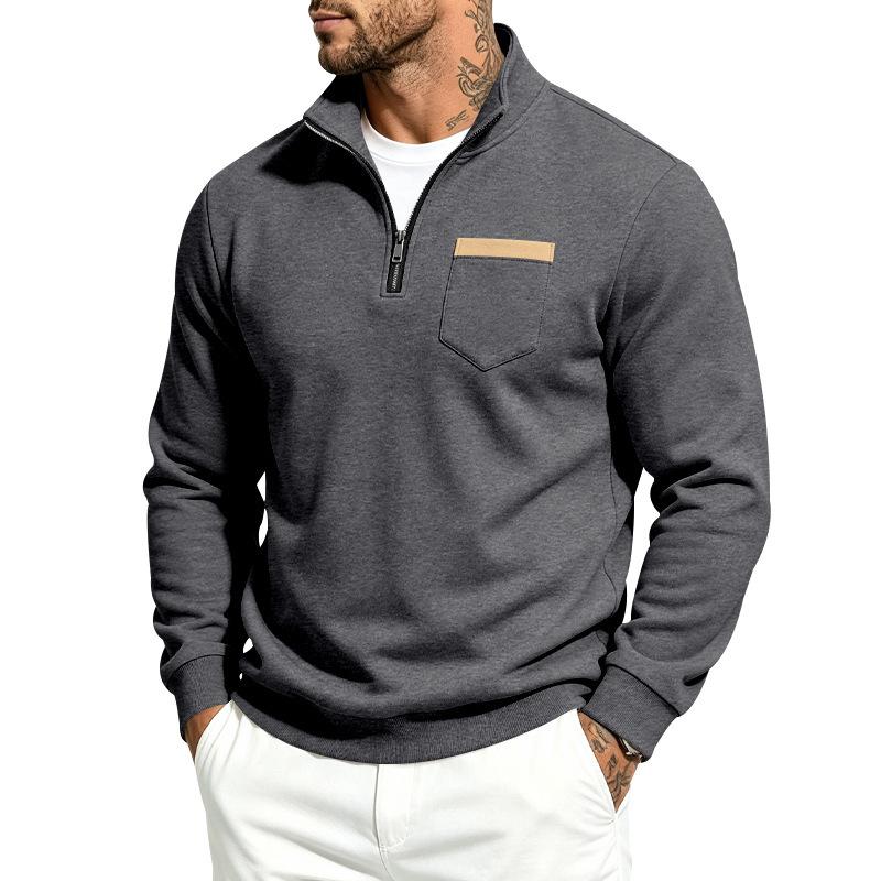 Men’s Autumn/Winter Heavyweight Fleece-Lined Minimalist Retro Stand-Up Collar Pocket Casual Loose-Fit Sports Sweatshirt