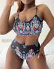 Женский купальник больших размеров, сексуальный синий принт, майка с высокой талией, бикини, пляжная одежда, купальные костюмы