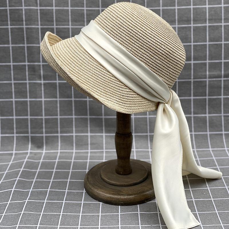 Japanese Curling Front Big Back Small Satin Streamer Basin Hat Summer Straw Hat Children Bucket Hat Sun Protection Beach Hat Tide
