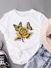 (Asian Size) watercolor flower love cute Women's Top Fashion T Clothing Print Female Casual  Short Sleeve T-shirts Graphic Tee