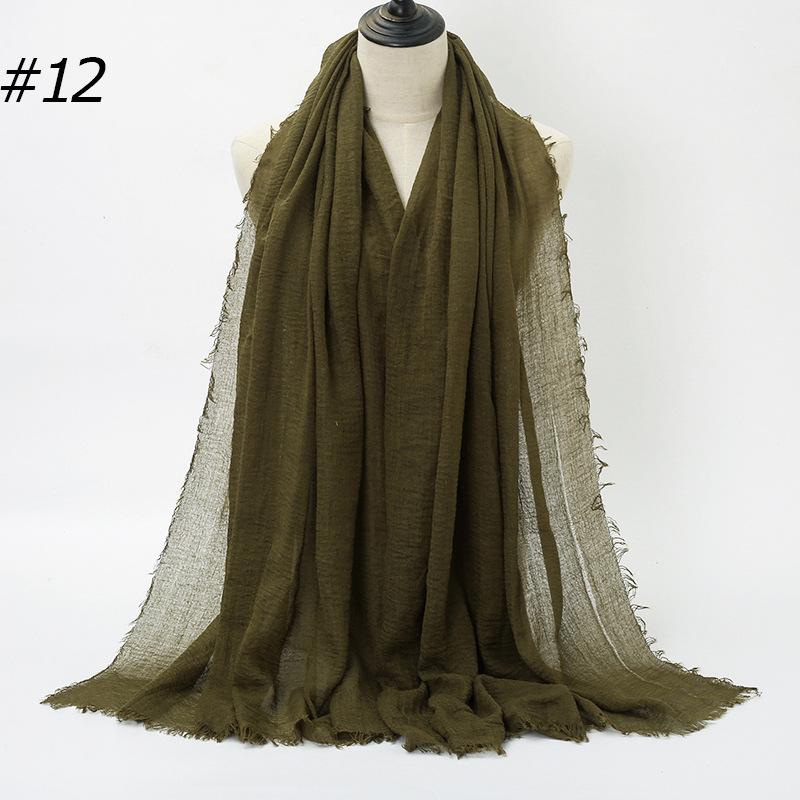 New Fashionable Women's Long Crinkled Cotton Linen Scarf with Tassel Edge - Solid Color Shawl