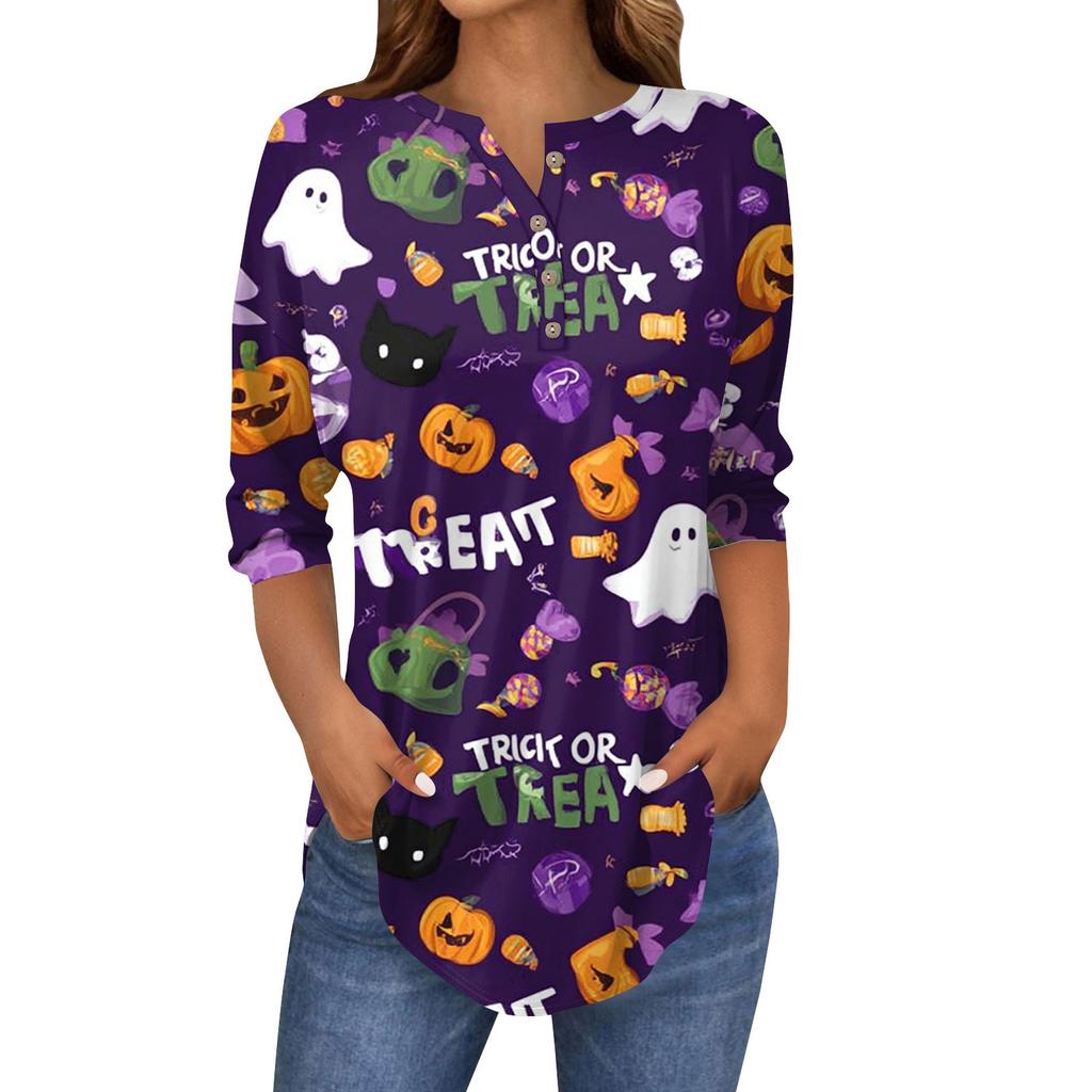 Женская модная свободная футболка с пуговицами на воротнике, с принтом на Хэллоуин, с длинным рукавом, топ, пуловер