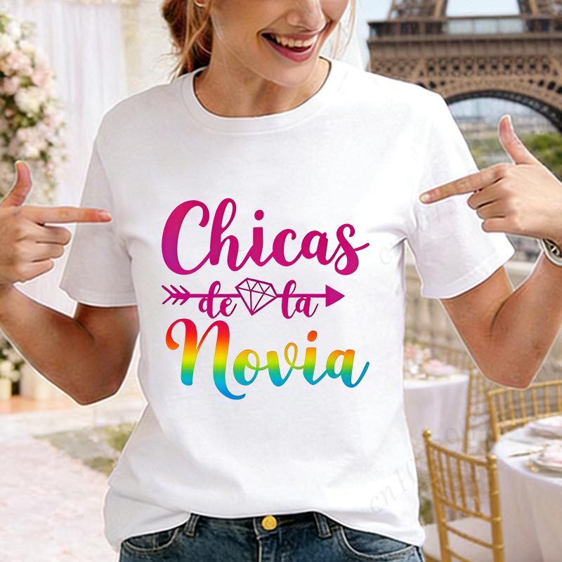 Spanish Bachelorette Hen Party T Shirts Team Bride Tribe Rainbow Diamond Arrow Print Short Sleeve Graphic Tees for Bridal Shower
