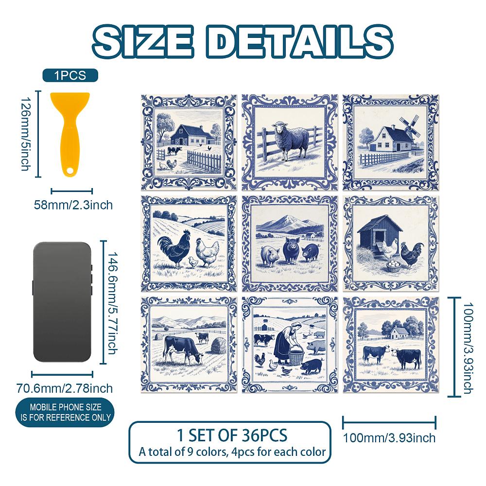 Waterproof PVC Tile Stickers for Kitchen Bathroom Waterprrof Wall Tiles Animals 100x100mm 36pcs/set