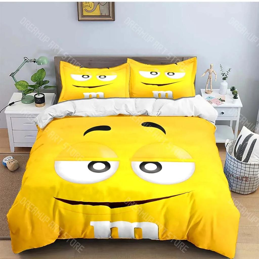 Модные комплекты постельного белья с принтом логотипа шоколада M&M, изысканный набор постельных принадлежностей, комплект пододеяльника и одеяла, комплект постельного белья, детский подарок