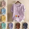 Women's Fashion Round Neck Short Sleeve T-shirt Casual Cotton Linen Graphic Shirt Flowers Prined Summer Blouse Tops Plus Size