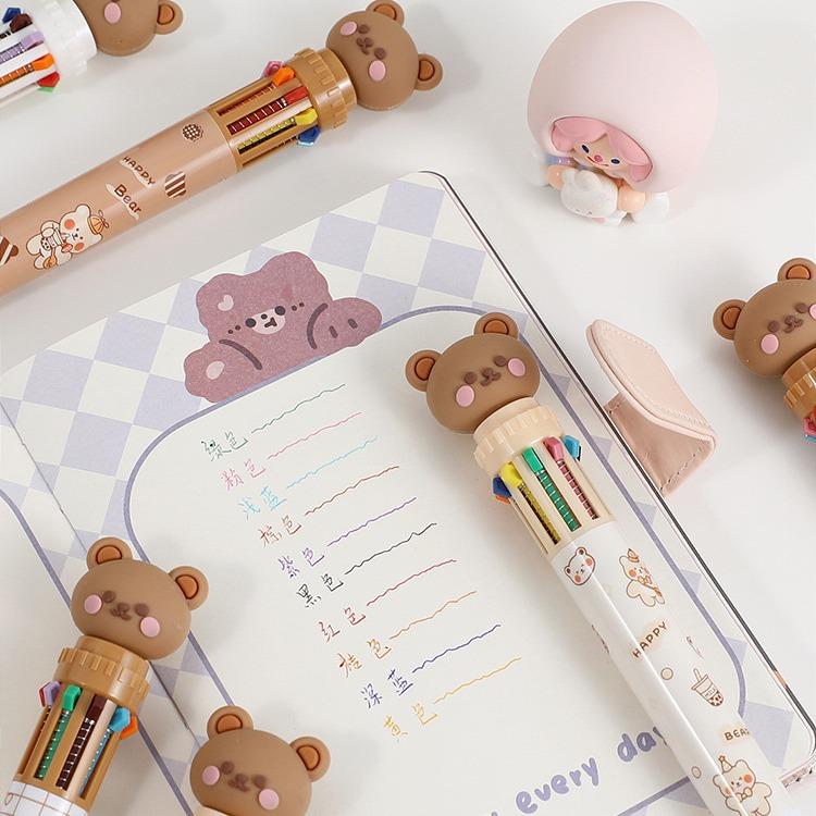 1 шт. Шариковая ручка Kawaii Bear Cartoon 10 цветов, шариковая ручка с разноцветной подписью, симпатичные канцелярские принадлежности, шариковая ручка, канцелярские принадлежности для студентов