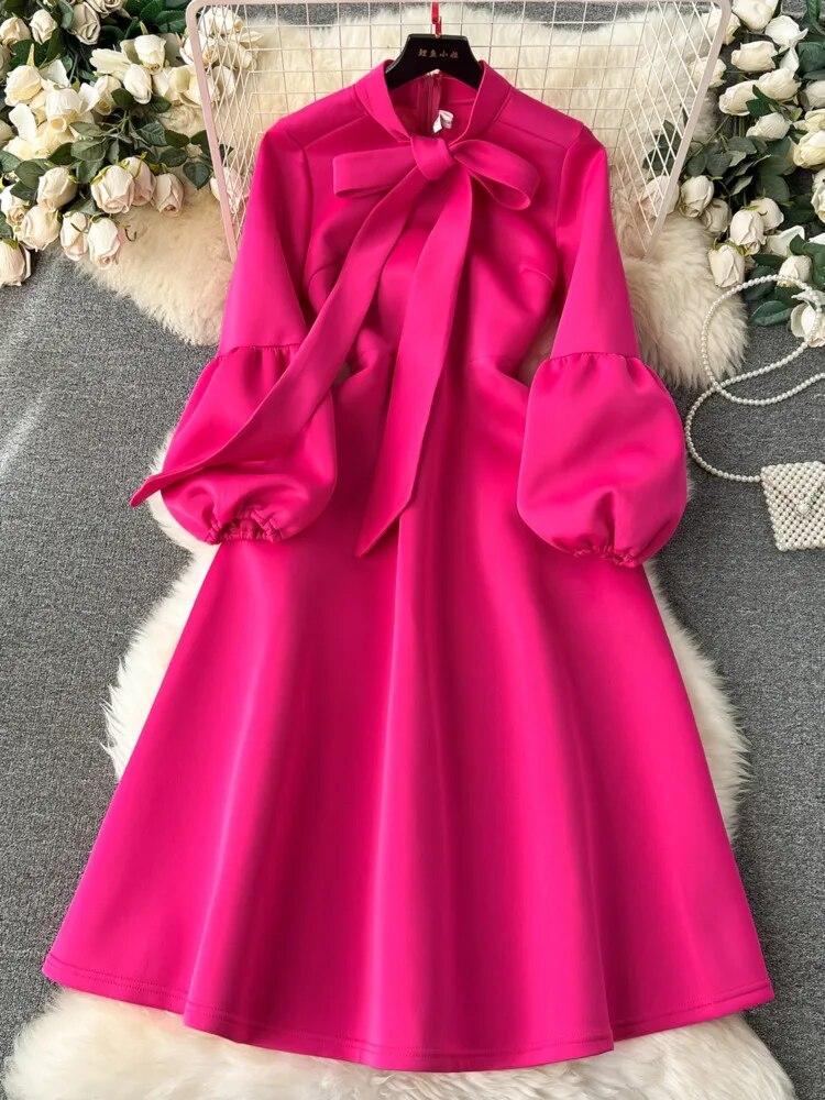 Милое стильное женское платье с бантом на шнуровке и фонариком с длинными рукавами, однотонные платья с высокой талией, осень-зима 2024, новинка 2024 г.