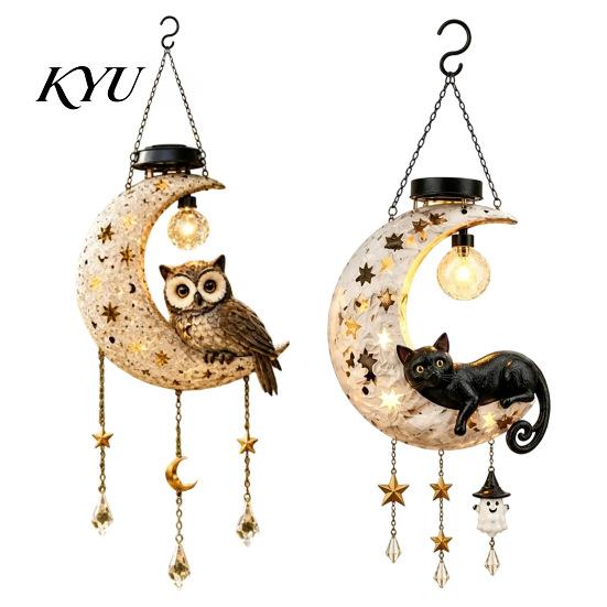 Crescent Moon Owl Solar Lanterns Owl/Cat Hanging Light, Outdoor Garden Wind Chime with LED Warm Atmosphere Lamps Waterproof Resin Decorative