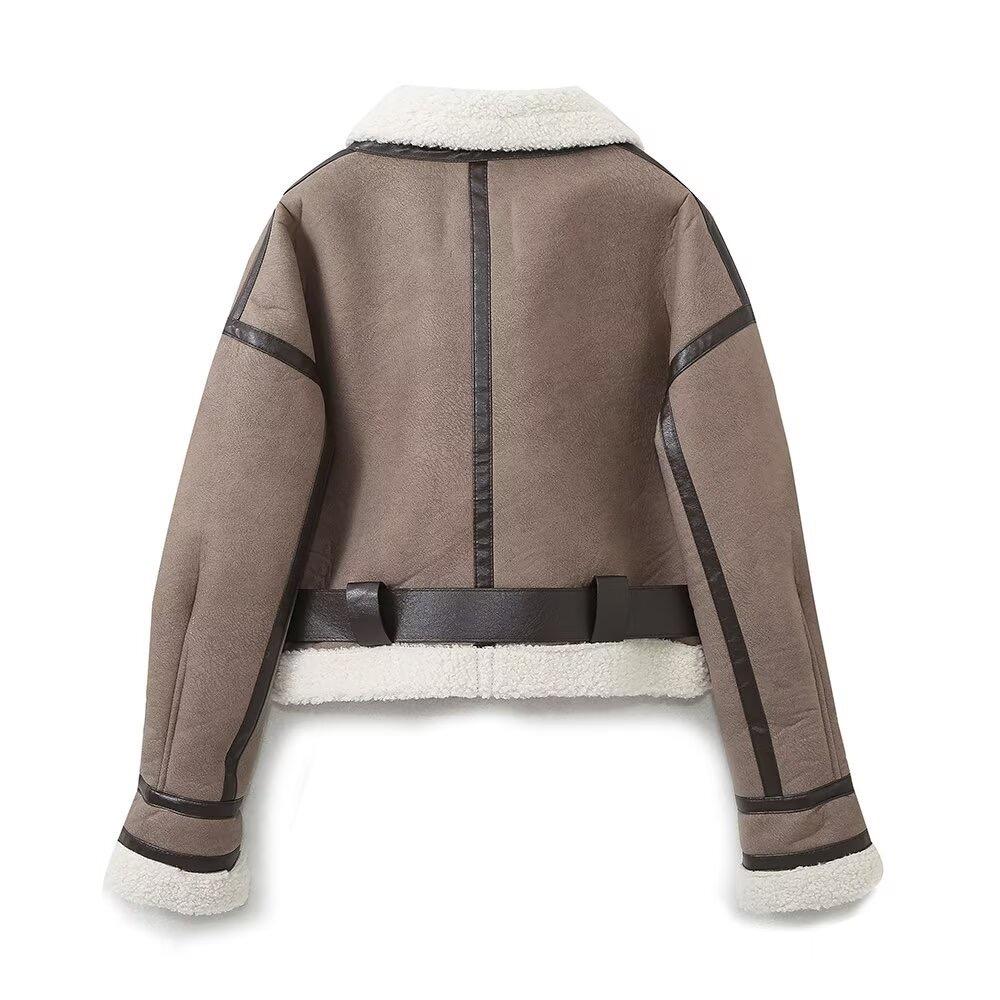 Женская мода толстая теплая искусственная овчина куртка пальто винтажная с длинным рукавом пояс подол женская верхняя одежда