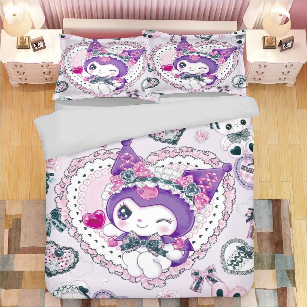 Серия Sanrio Набор постельного белья пододеяльник Kuromi для детей Размер King-size Роскошный чехол 100% Полиэстер 3 предмета Рождественские подарки Декор для дома