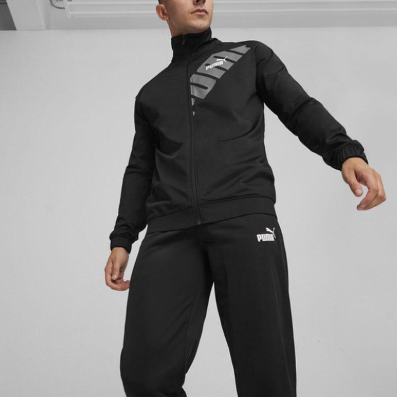 Puma Спортивный костюм Power Poly с принтом логотипа и буквами, воротником-стойкой, молнией, куртка с манжетами, брюки, повседневный спортивный комплект, мужской спортивный костюм, черный 681296-01
